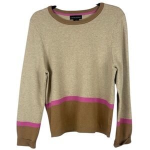 Cynthia Rowley Modern Classic Cozy Cream Camel Brown and Pink Crew Neck Sweater